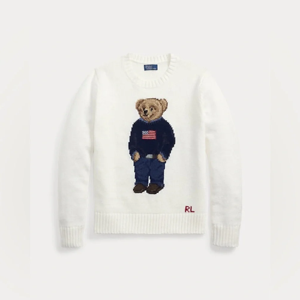POLO RALPH LAUREN BEAR LINEN COTTON CREWNECK SWEATER IN DECKWASH WHITE MULTI - Picture 3 of 11